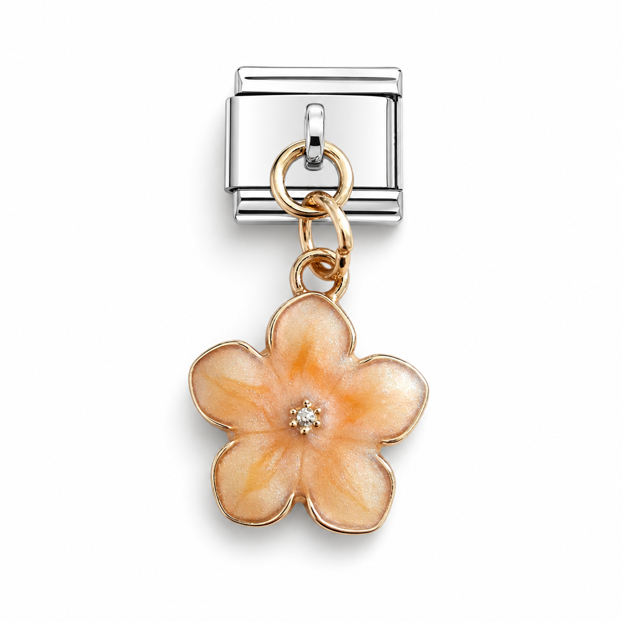 A silver-toned Italian charm link featuring a dangling five-petal flower charm with peach enamel and gold-toned metal borders.