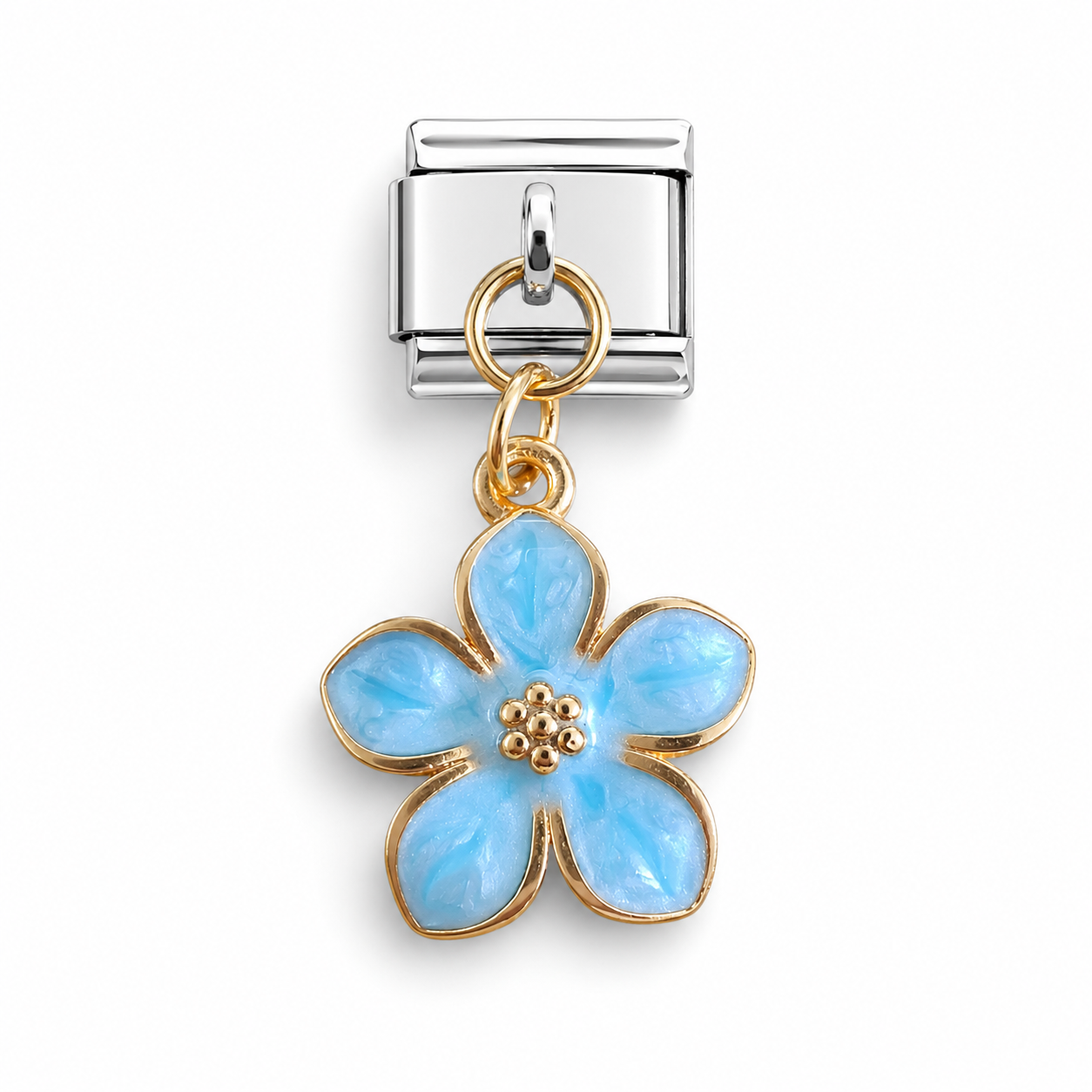 A silver-toned Italian charm link featuring a dangling five-petal flower charm with turquoise enamel and gold-toned metal borders.