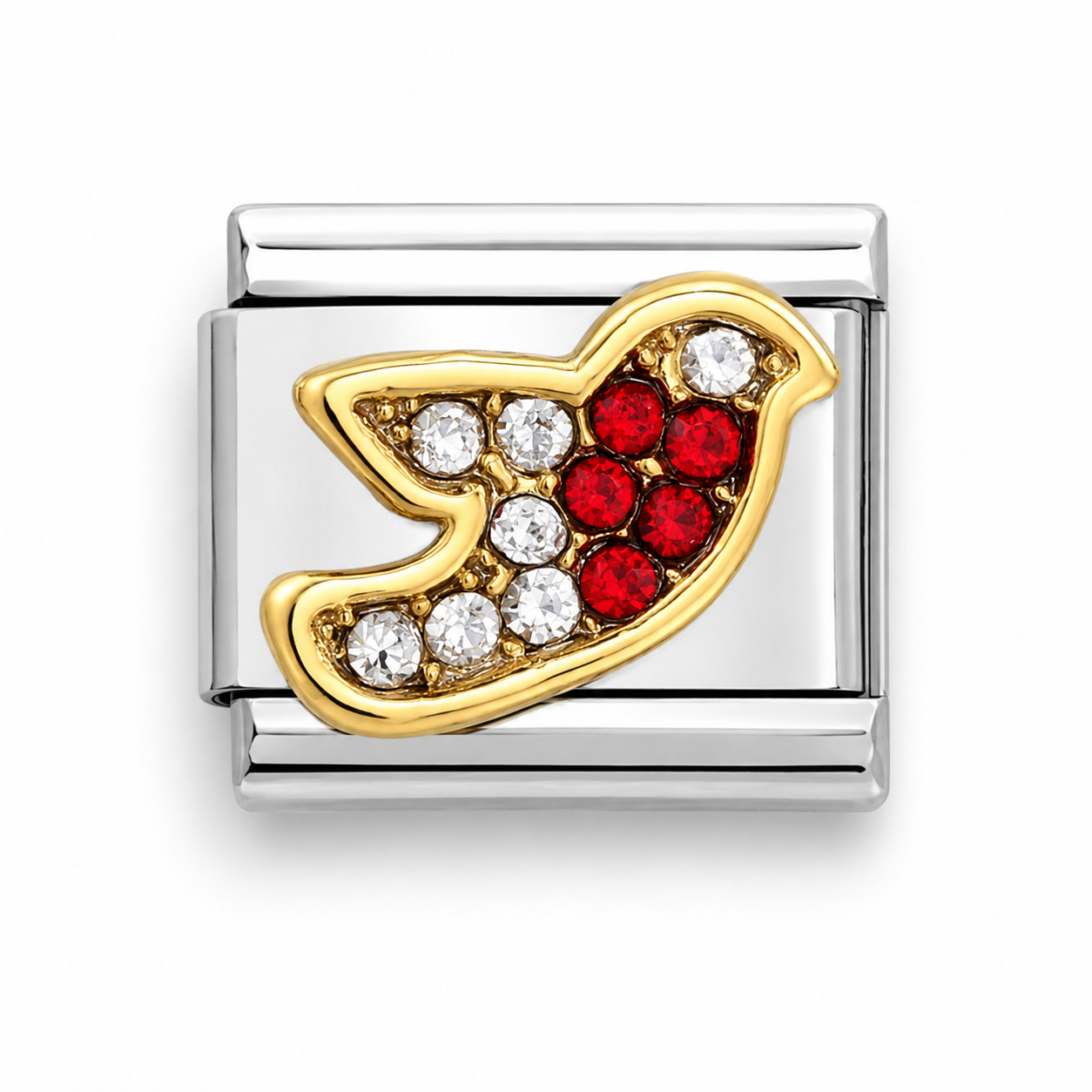 Italian stainless steel charm link featuring a gold-toned robin/ dove  motif adorned with clear cubic zirconia and red crystal stones
