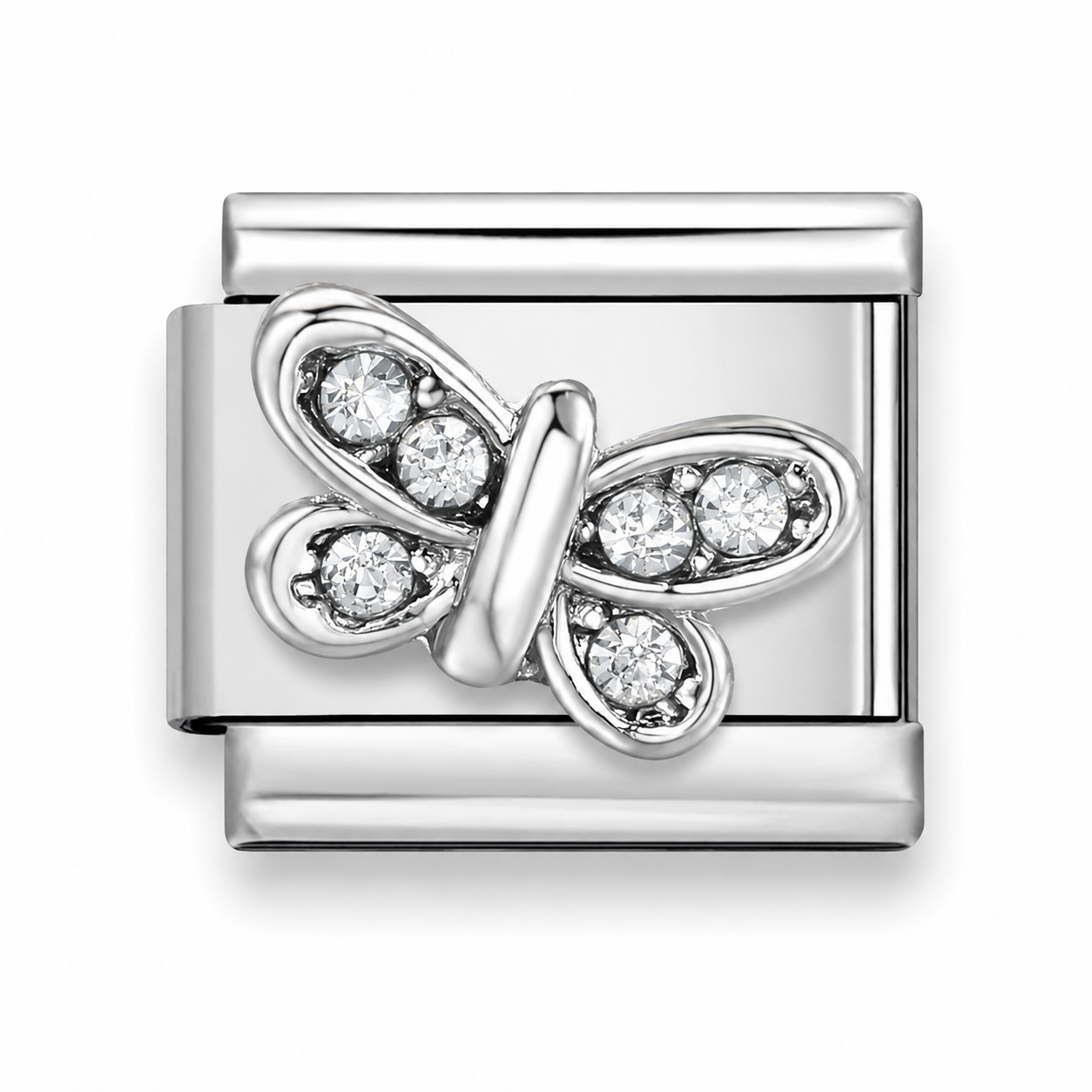 Italian stainless steel charm link featuring a Silver-toned butterfly  motif adorned with clear cubic zirconia crystal stones