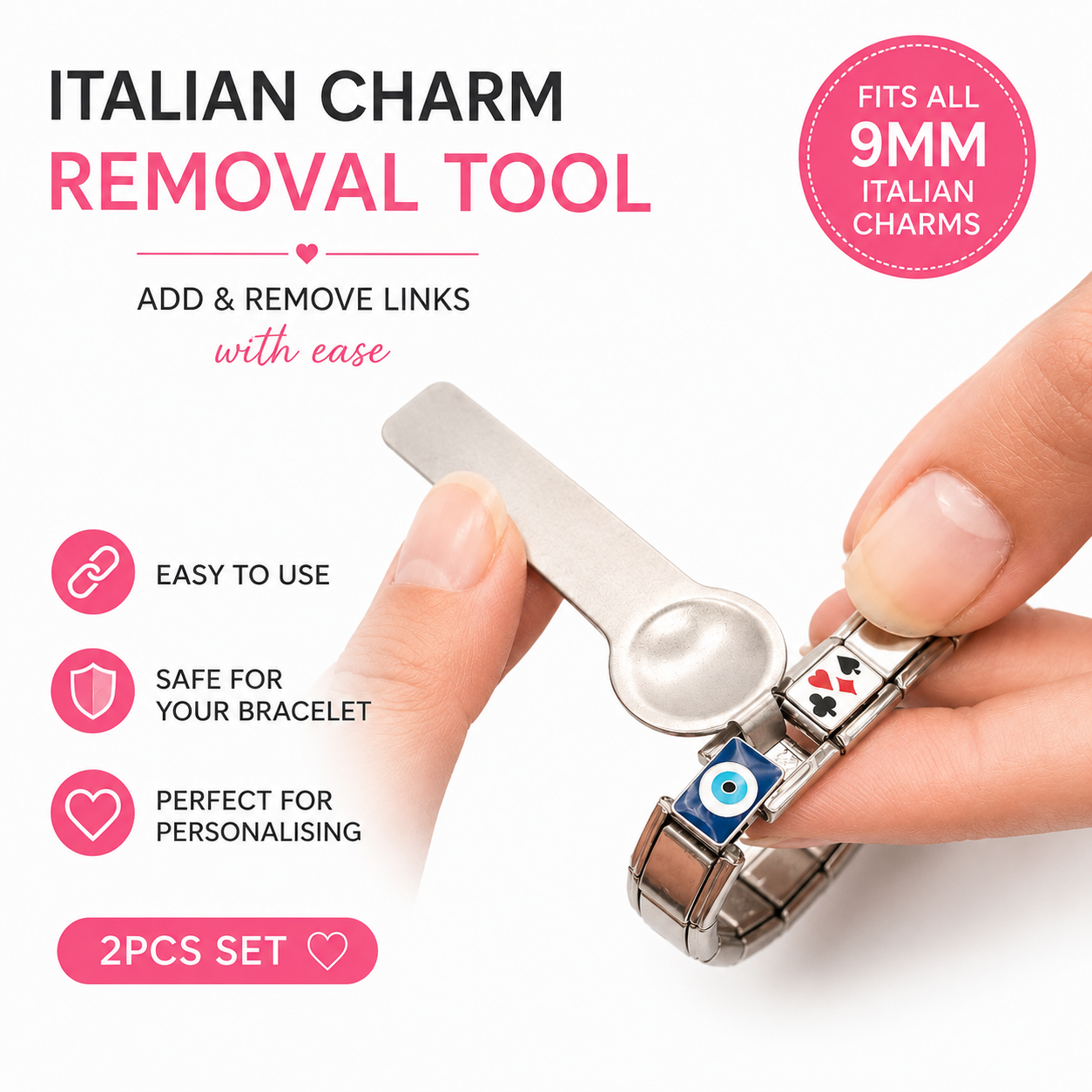 Two-piece stainless steel charm bracelet link removal tool set used to open bracelet links