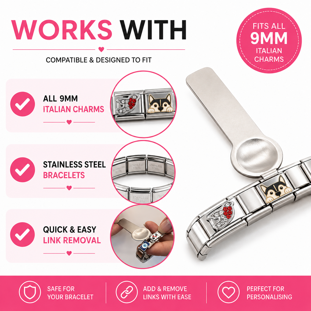 Stainless steel Italian charm bracelet link removal tool set with two oval-ended levers