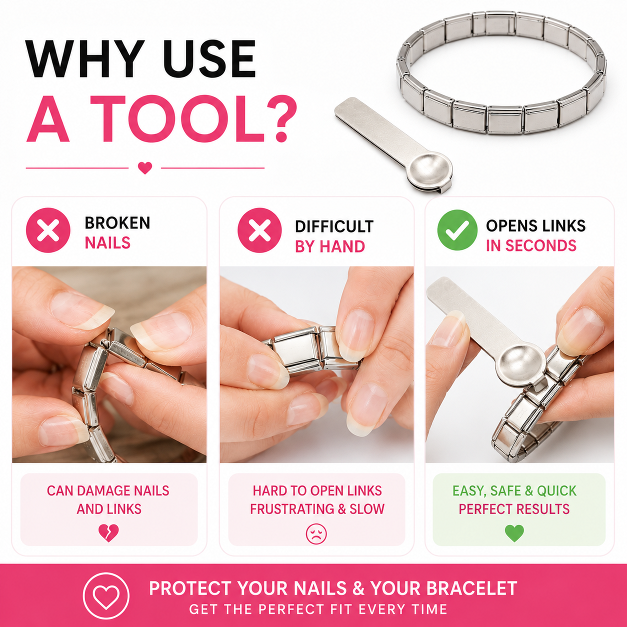 Two-piece stainless steel charm bracelet link opener tool shown beside a bracelet chain