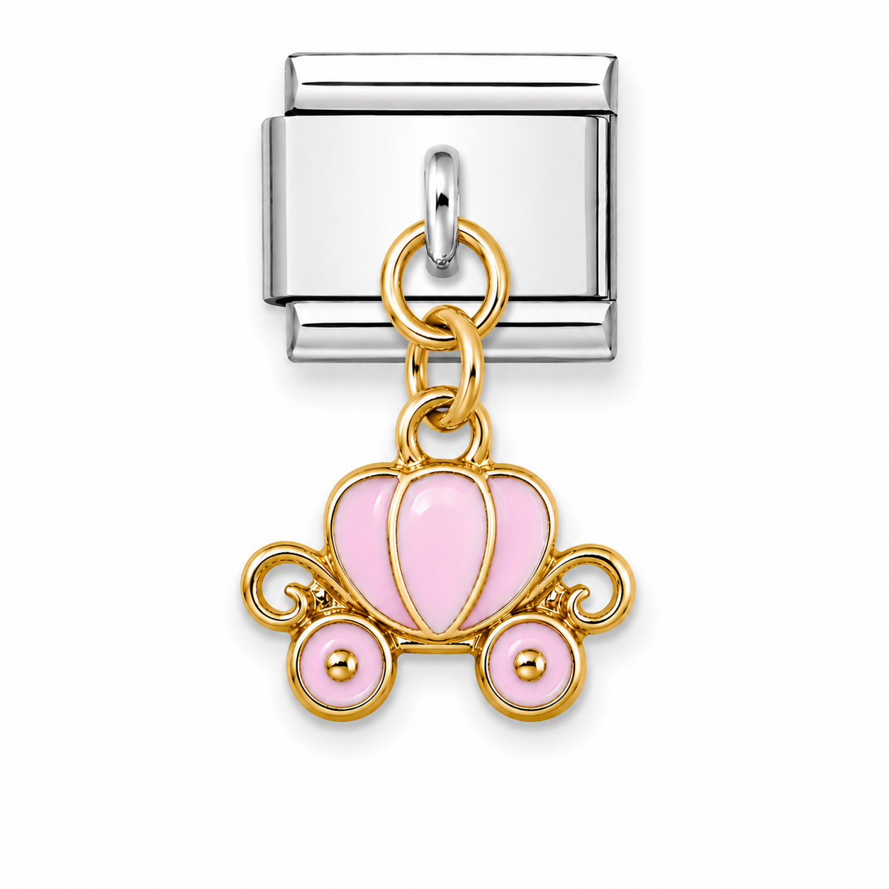 A gold and silver italian charm link for jewellery making, featuring a pink and gold pumpkin carriage charm with a polished silver-toned 
