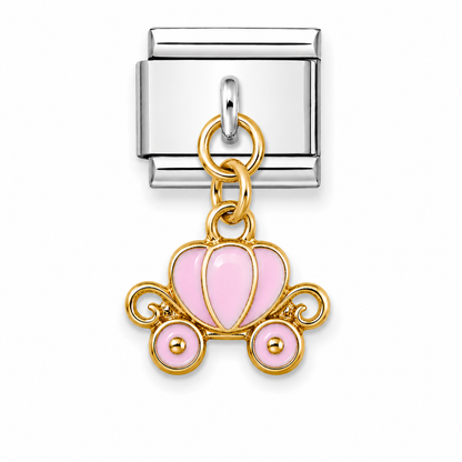 A gold and silver italian charm link for jewellery making, featuring a pink and gold pumpkin carriage charm with a polished silver-toned 