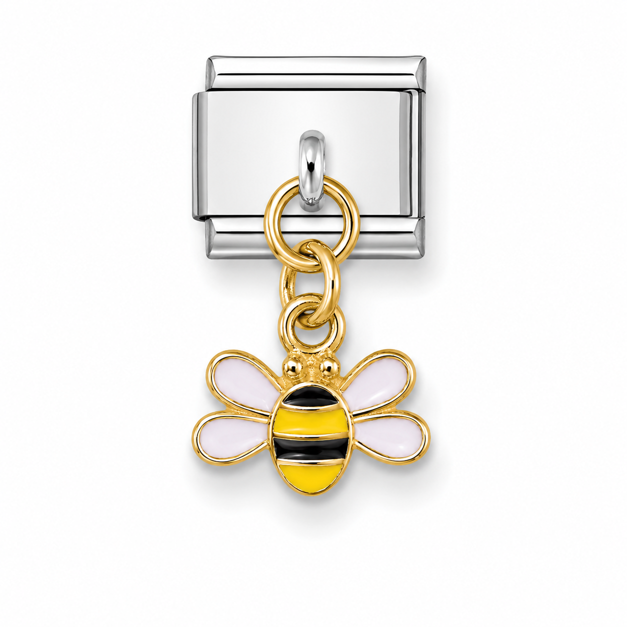 A gold and silver-tone bumblebee Italian charm with white enamel wings.