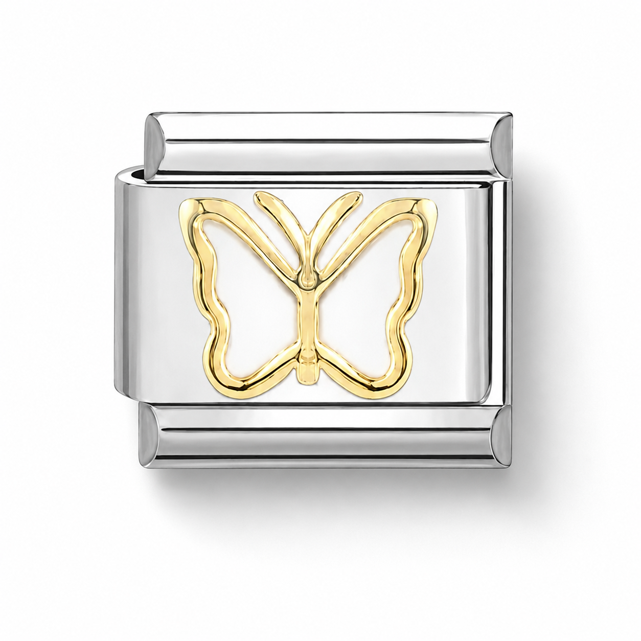 Front view gold butterfly charm with white enamel center and polished silver frame