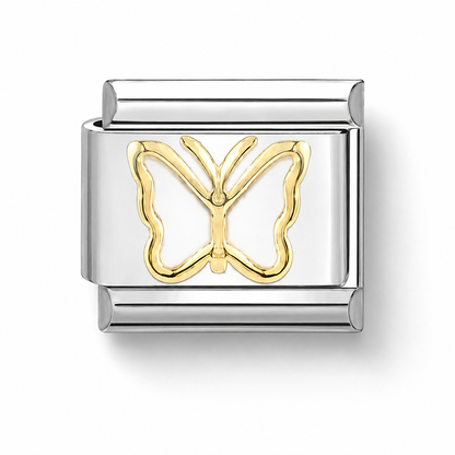 Front view gold butterfly charm with white enamel center and polished silver frame