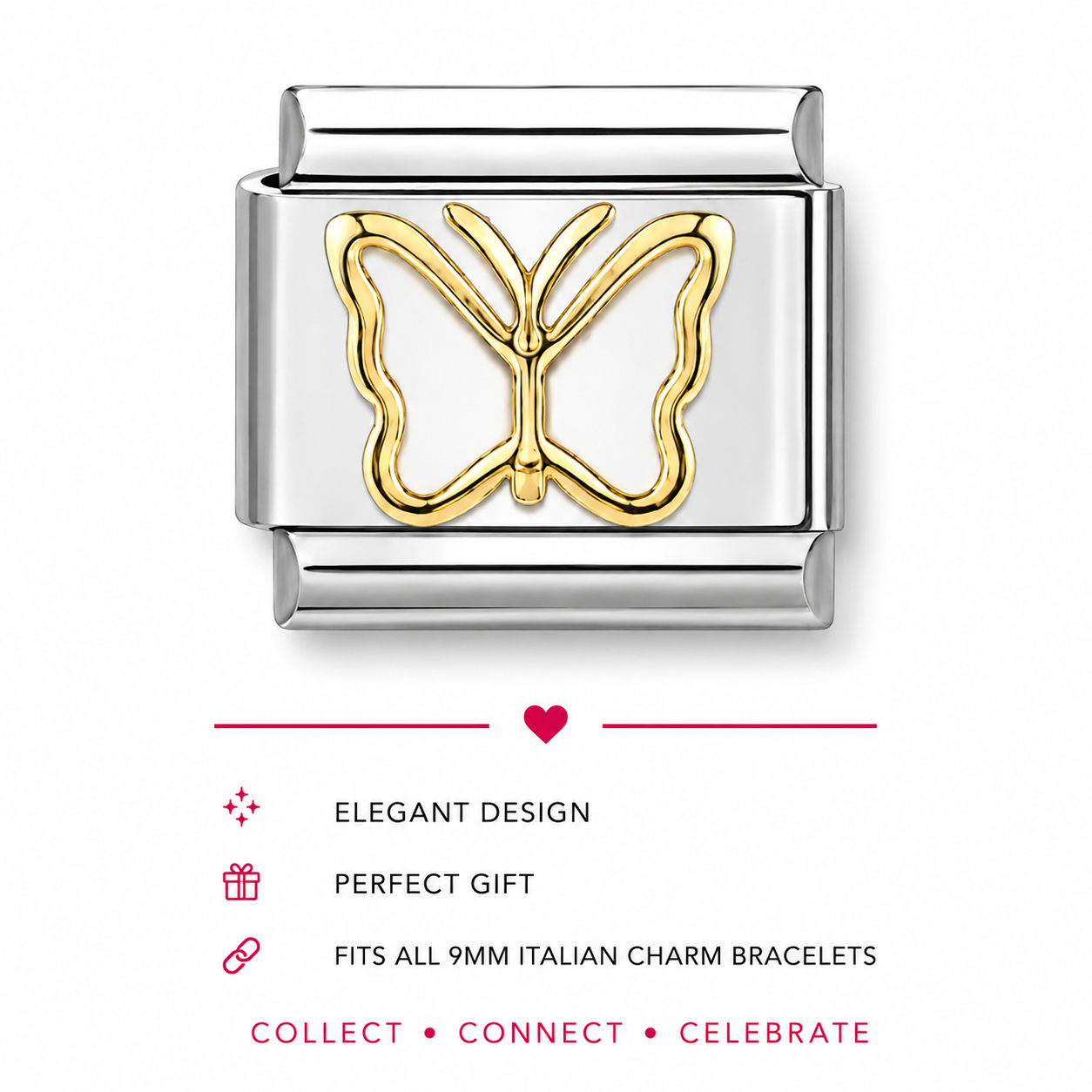 Gold butterfly charm with white enamel, Italian charm link with hinged metal ends