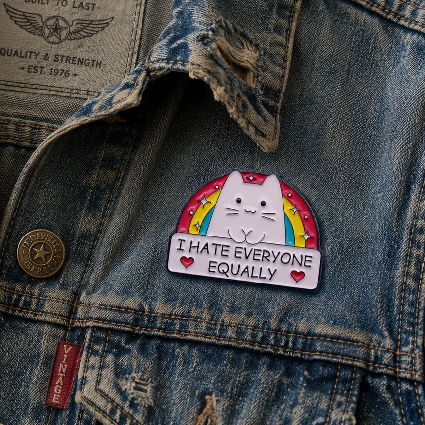 Enamel cat pin badge on blue denim jacket, rainbow arch and heart accents