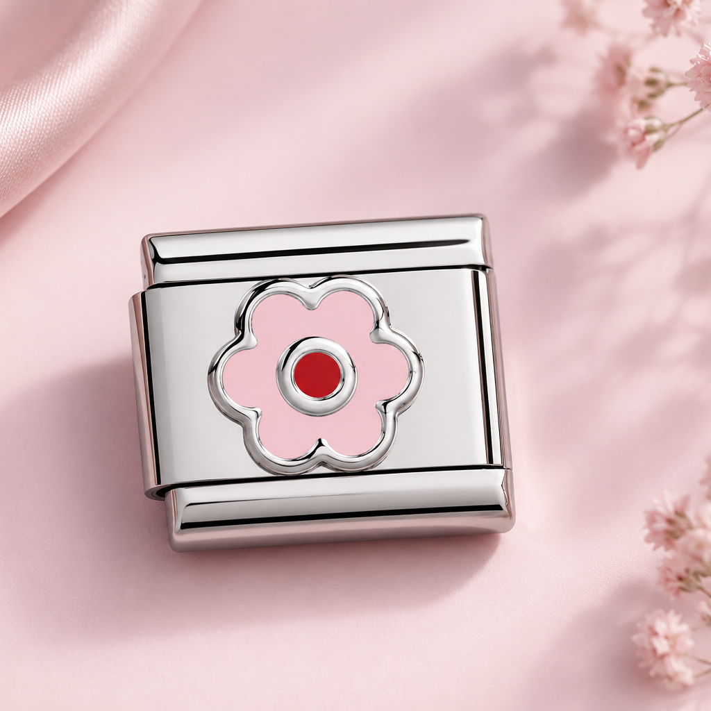 Silver italian charm with a pink flower design fits all 9mm italian charms bracelets including nomination
