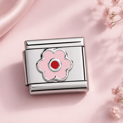 Silver italian charm with a pink flower design fits all 9mm italian charms bracelets including nomination