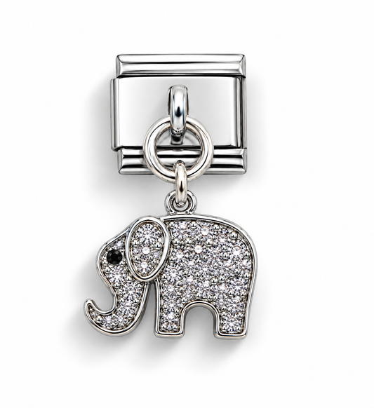 Silver elephant charm with glittering cubic zirconia and hanging ring clasp