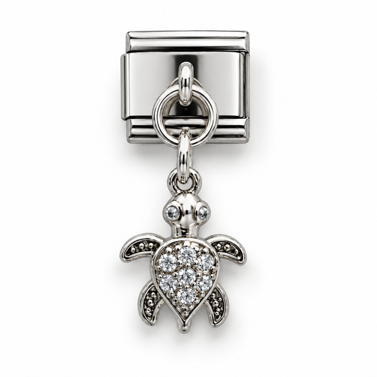 Turtle cubic zirconia dangle charm with oval ring and Italian snap clasp