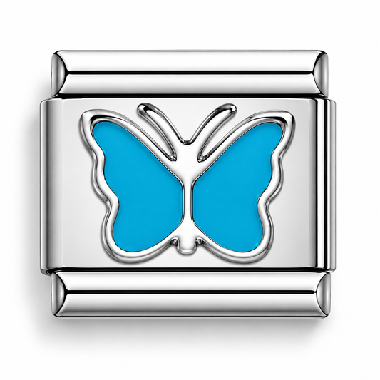 Blue butterfly charm with turquoise enamel wings and silver raised butterfly design
