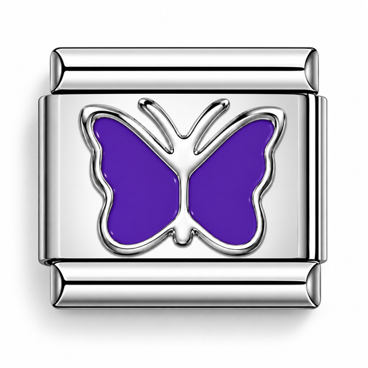 Close-up butterfly charm with purple enamel wings and silver-tone bezel