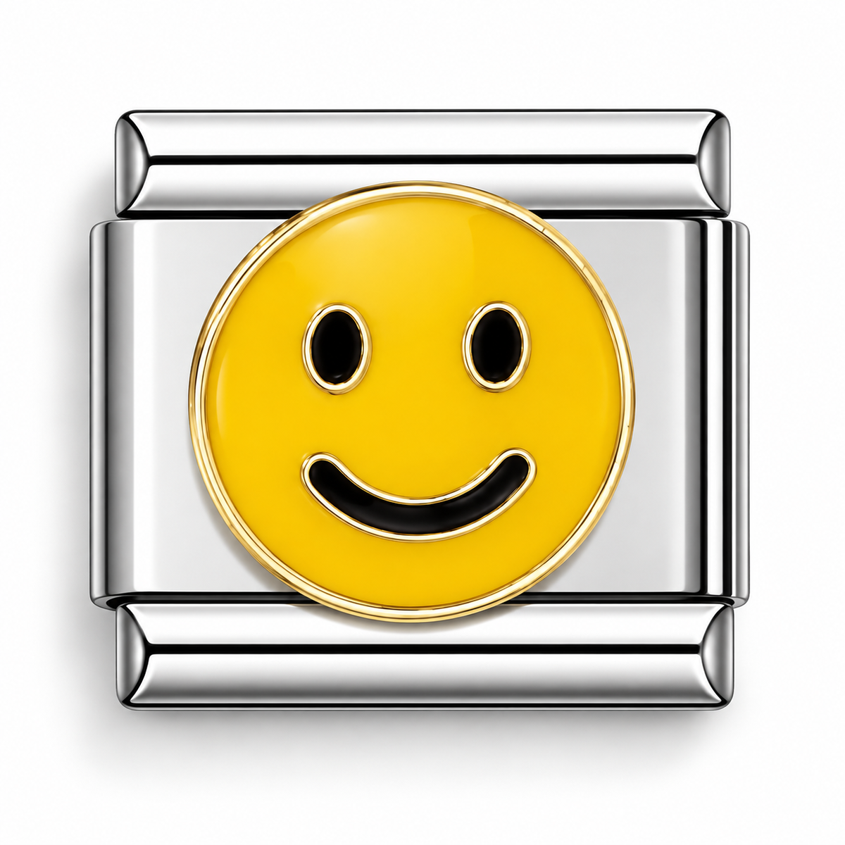 Smiley face Italian charm with yellow enamel, black eyes and smile, silver 9mm link