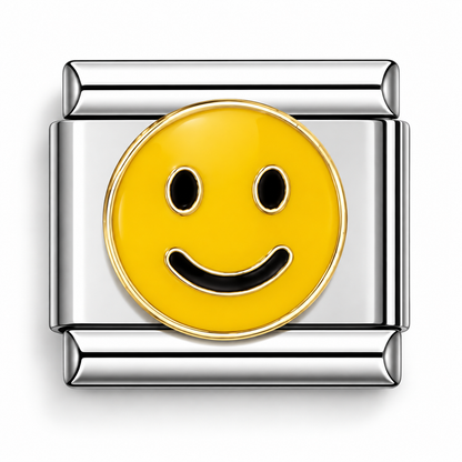 Smiley face Italian charm with yellow enamel, black eyes and smile, silver 9mm link