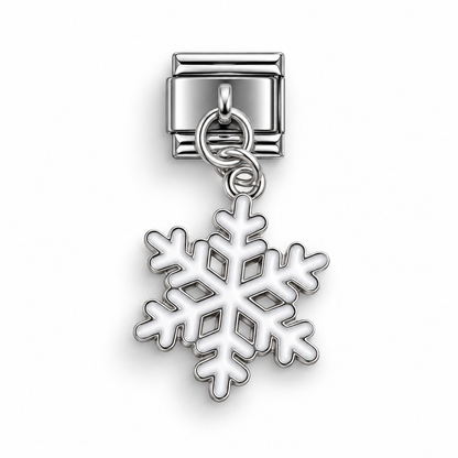 Snowflake dangle charm with large snowflake cutout and link ring, silver-toned
