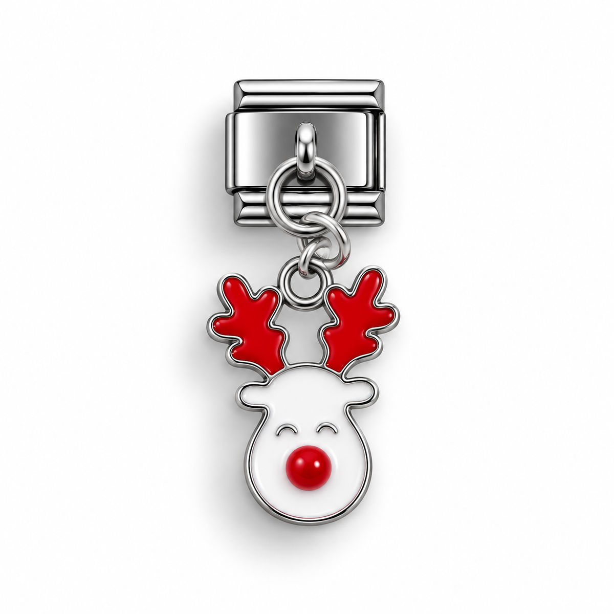 Silver Italian charm with reindeer head dangle, red antlers and red nose detail