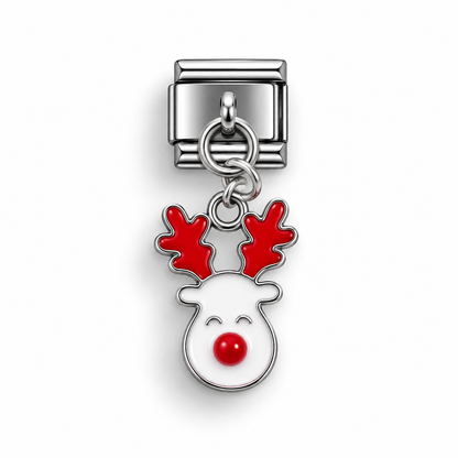 Silver Italian charm with reindeer head dangle, red antlers and red nose detail