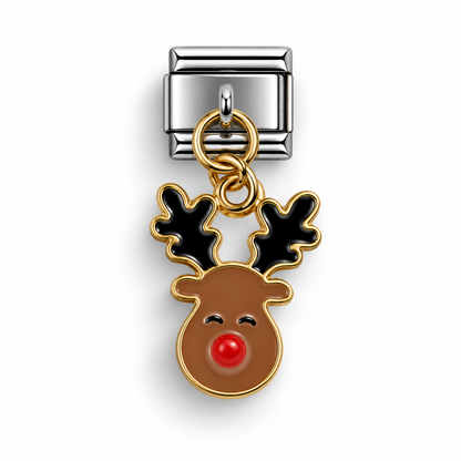 Brown reindeer face dangle charm with red nose and gold hanging loop