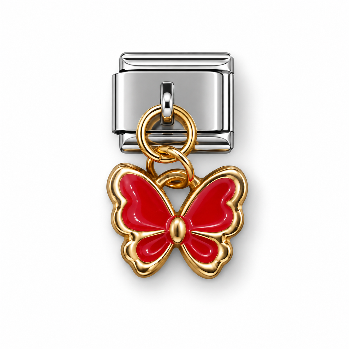 Red butterfly enamel dangle charm with gold frame and chain loop
