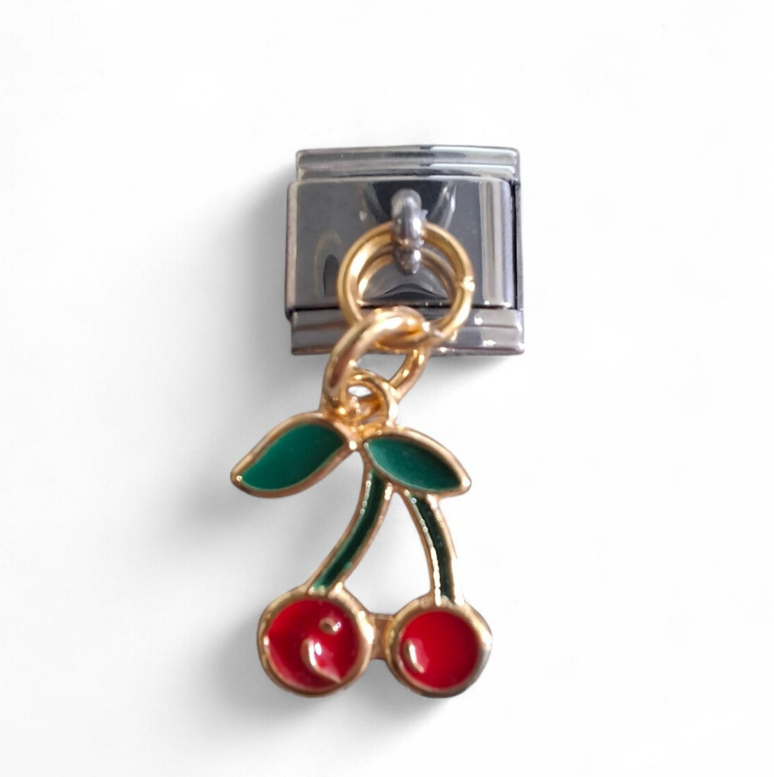 Italian dangle Charm with two red cherries and green leaves 