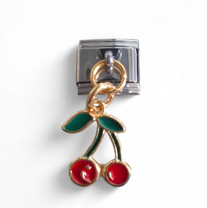 Italian dangle Charm with two red cherries and green leaves 