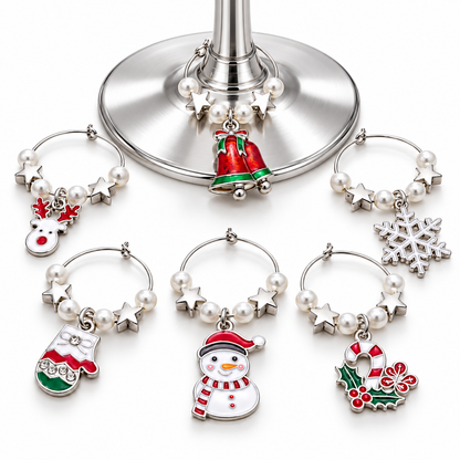 Set of 6 silver wine glass charms with pearl rings and Christmas enamel designs