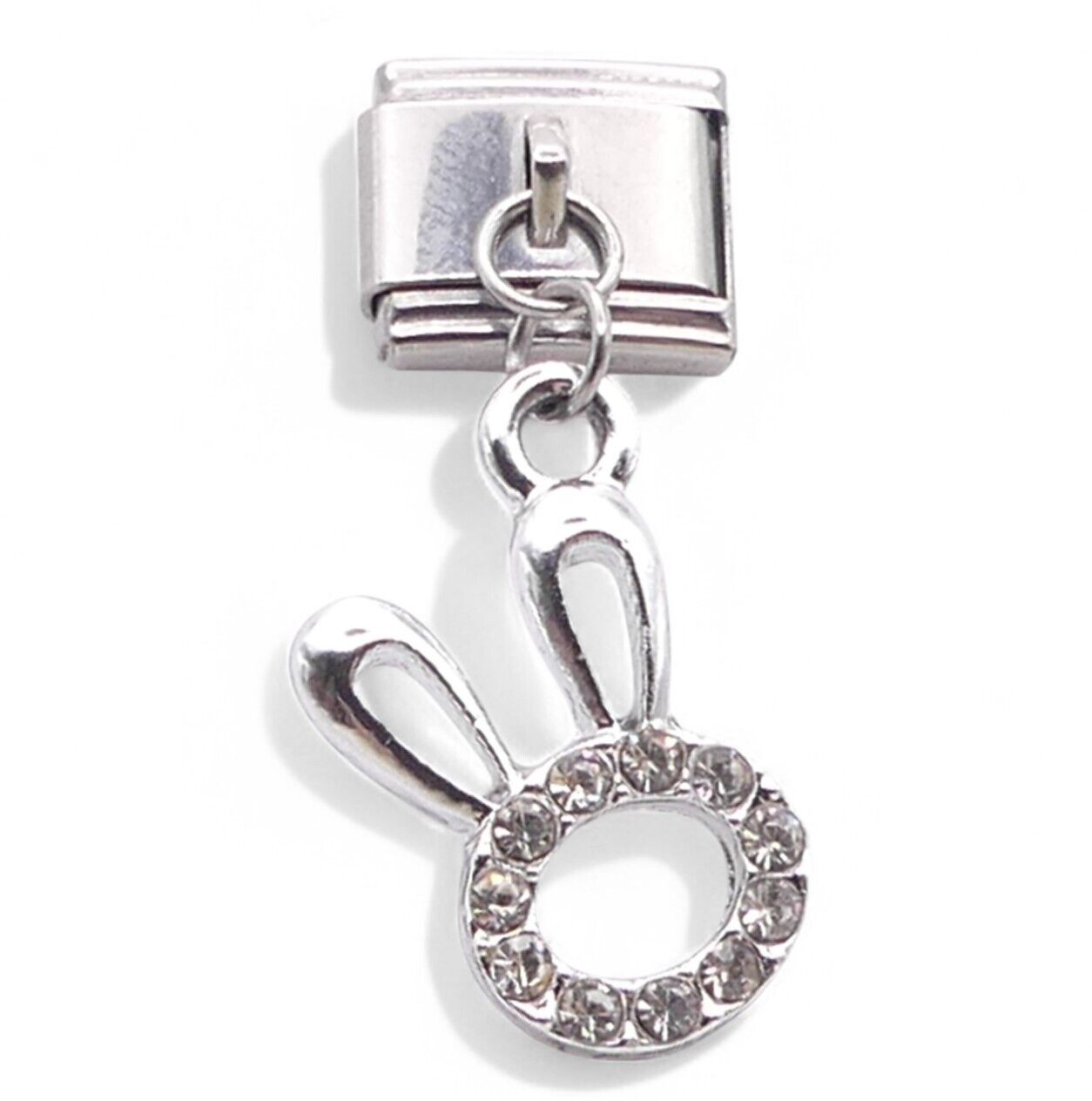 Silver rabbit Italian charm with a circular design and embedded crystals