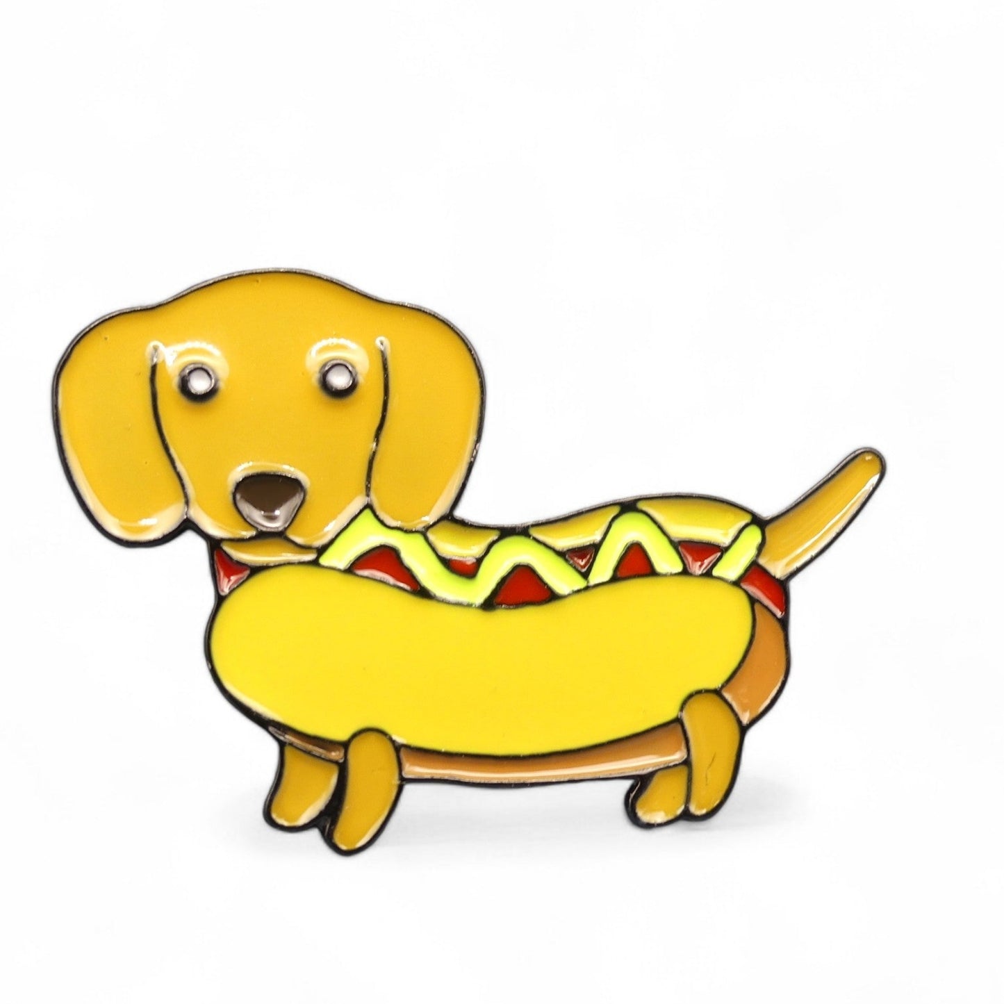 Dachshund dressed in a Hot Dog bun  Enamel Pin Badge