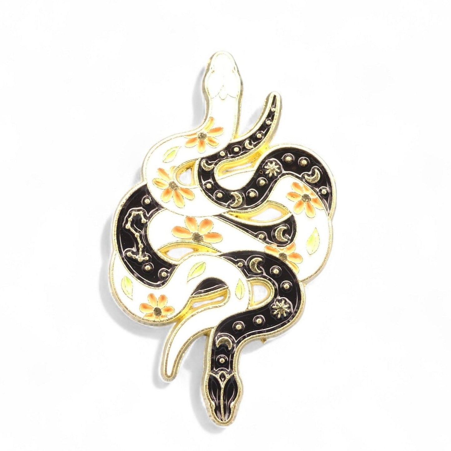 White and black double intertwined snake enamel pin badge.