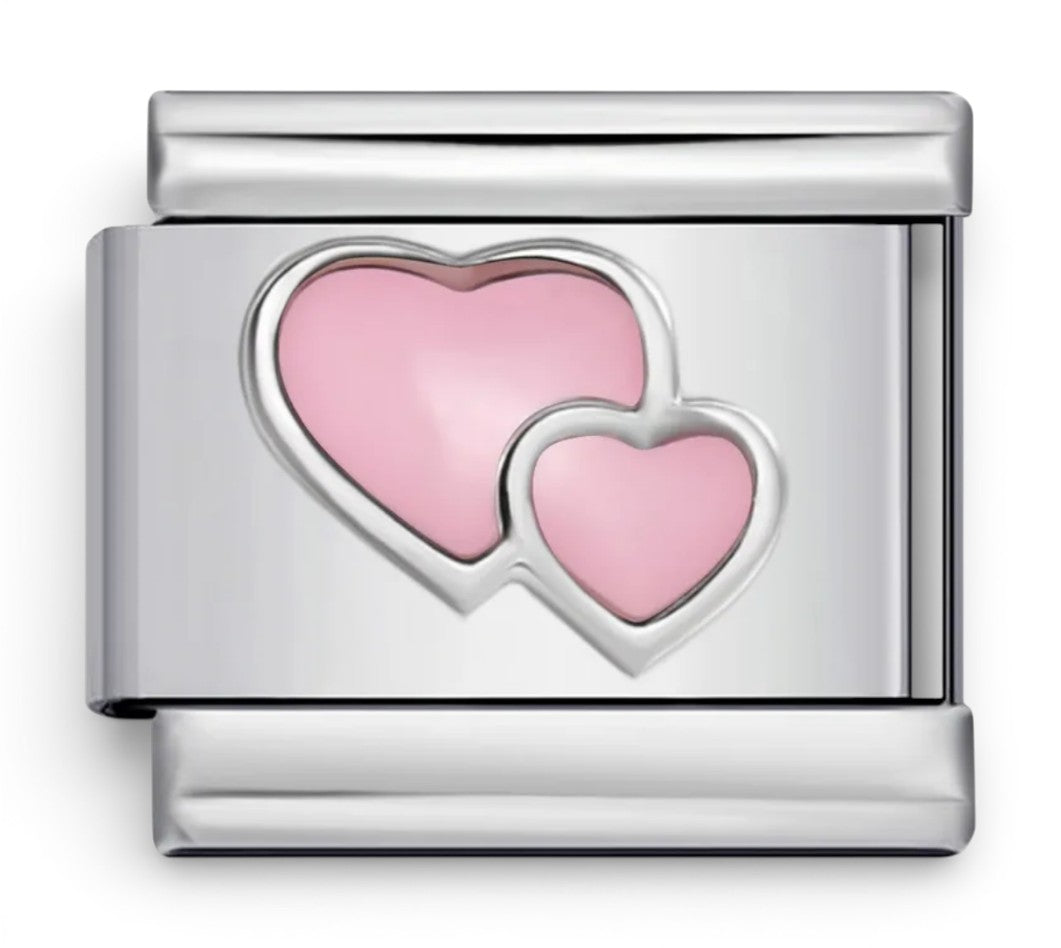 Double pink heart italian Charm compatible with all 9mm italian charm bracelets including Nomination 