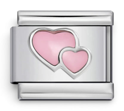 Double pink heart italian Charm compatible with all 9mm italian charm bracelets including Nomination 
