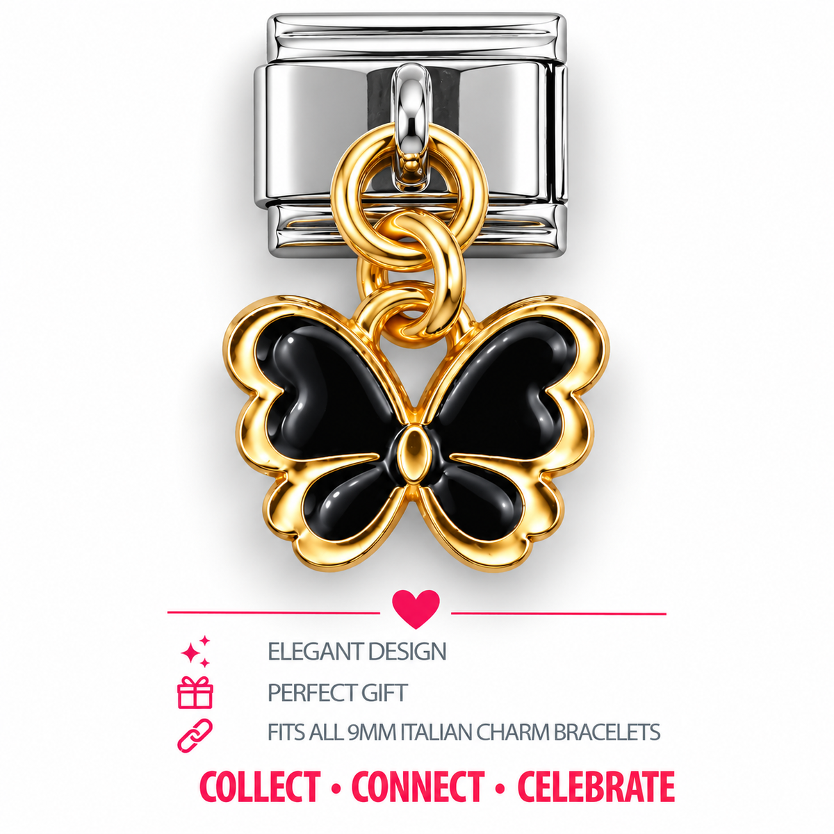 Italian charm with a black enamel butterfly pendant, gold-tone trim and silver-tone bracelet link