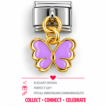 Italian bracelet charm with a lilac enamel butterfly, gold-tone dangle links and silver-tone base