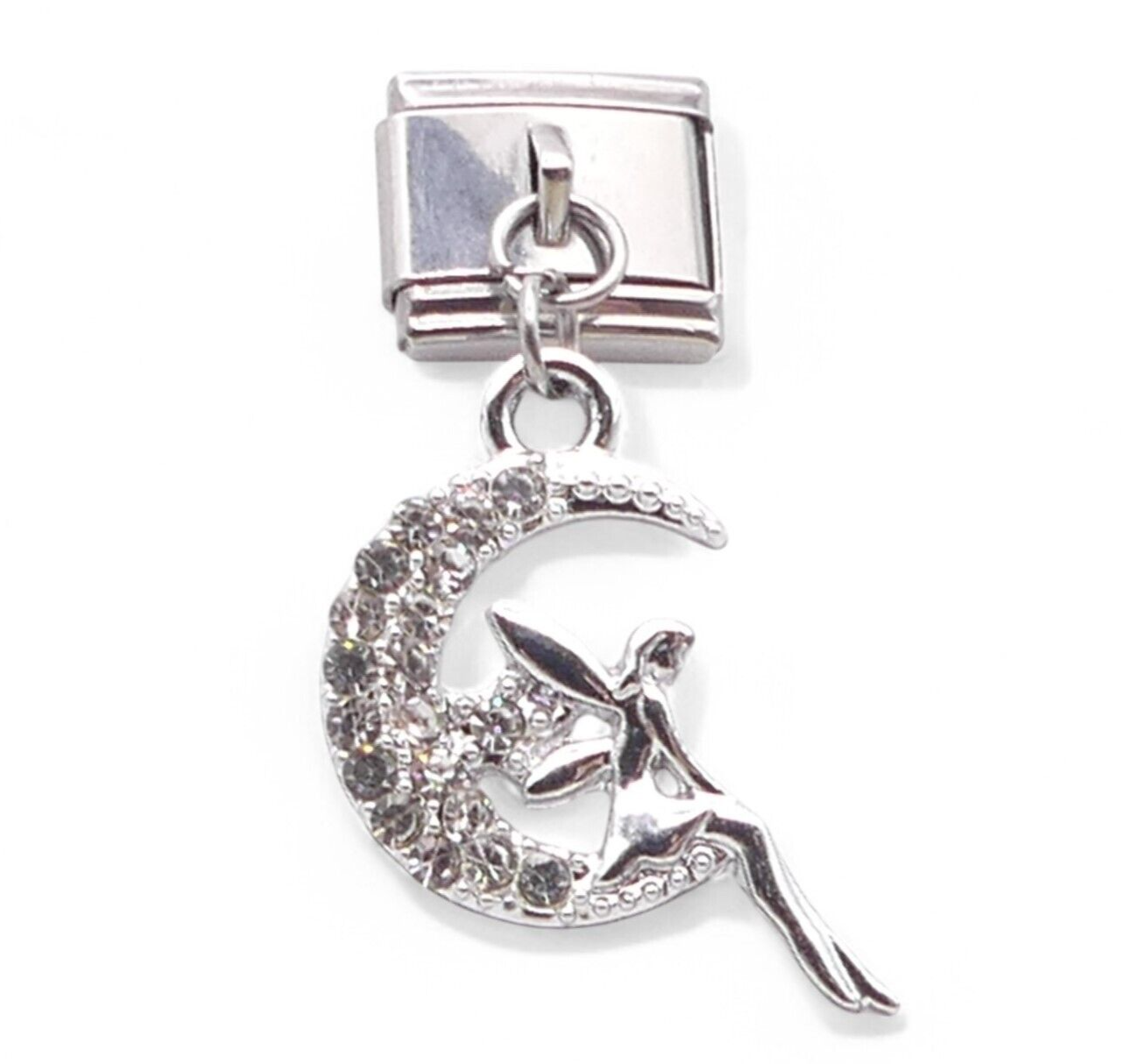 Silver fairy and moon Italian dangle charm with clear crystals
