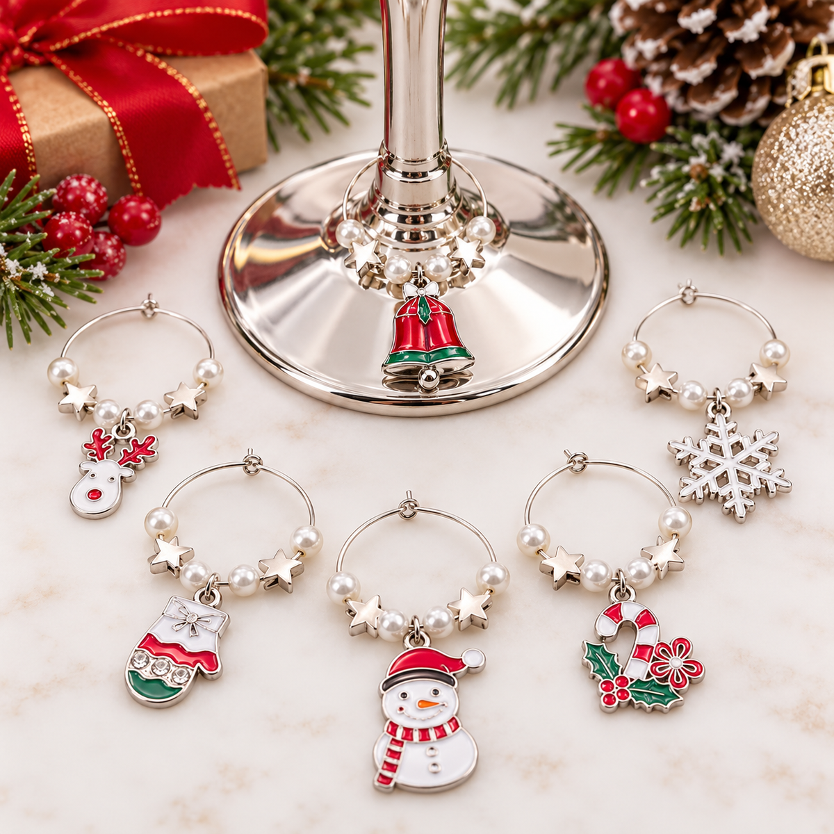 Silver wine glass charms set of 6 with pearl accents and Christmas character pendants