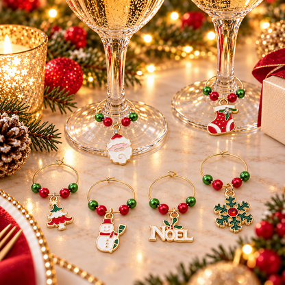 Wine glass charm set of 6 on stems: Noel sign, stocking, tree, snowman, ornament, snowflake