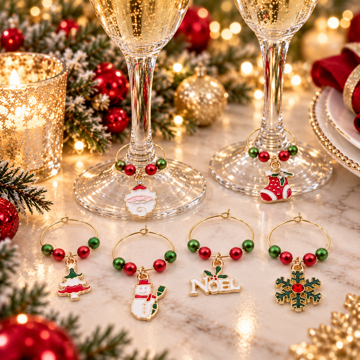 Wine glass charm set of 6 with Noel, stocking, tree, snowman, ornament, and snowflake charms