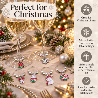 Silver wine glass charms set of 6 with pearl rings and snowflake, snowman, and bell