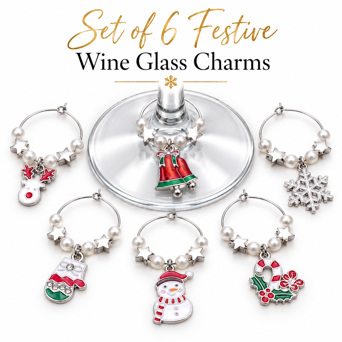 Set of 6 silver wine glass charms with pearl beads, stars, snowflakes, and holiday pendants