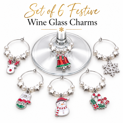 Set of 6 silver wine glass charms with pearl beads, stars, snowflakes, and holiday pendants