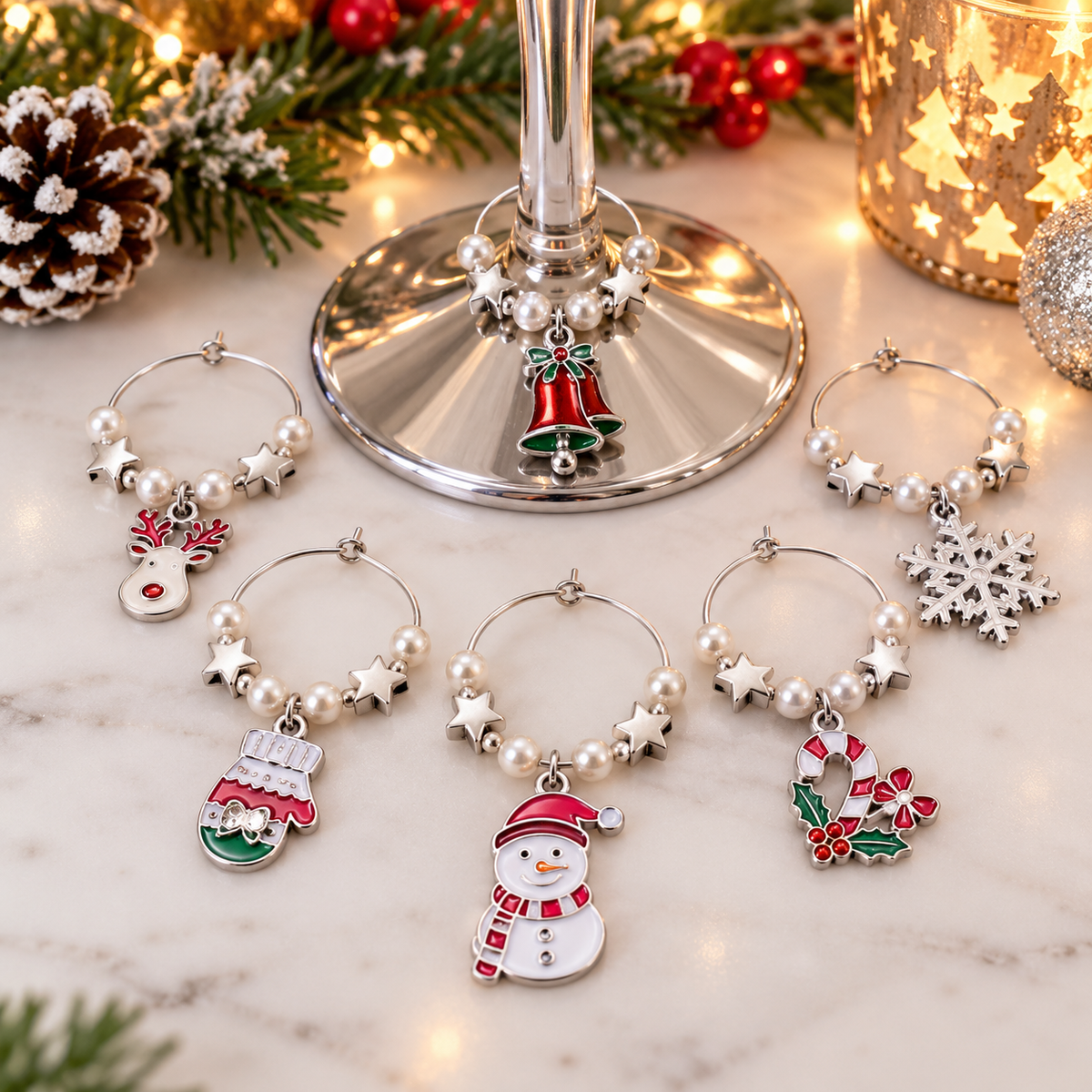 Silver wine glass charms set of 6 with pearl rings and Christmas enamel charms