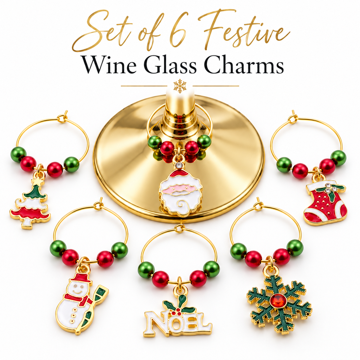 Wine glass charm set of 6 arranged on gold base: Noel sign, stocking, tree, snowman, ornament, snowflake