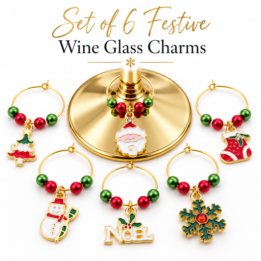 Wine glass charm set of 6 arranged on gold base: Noel sign, stocking, tree, snowman, ornament, snowflake