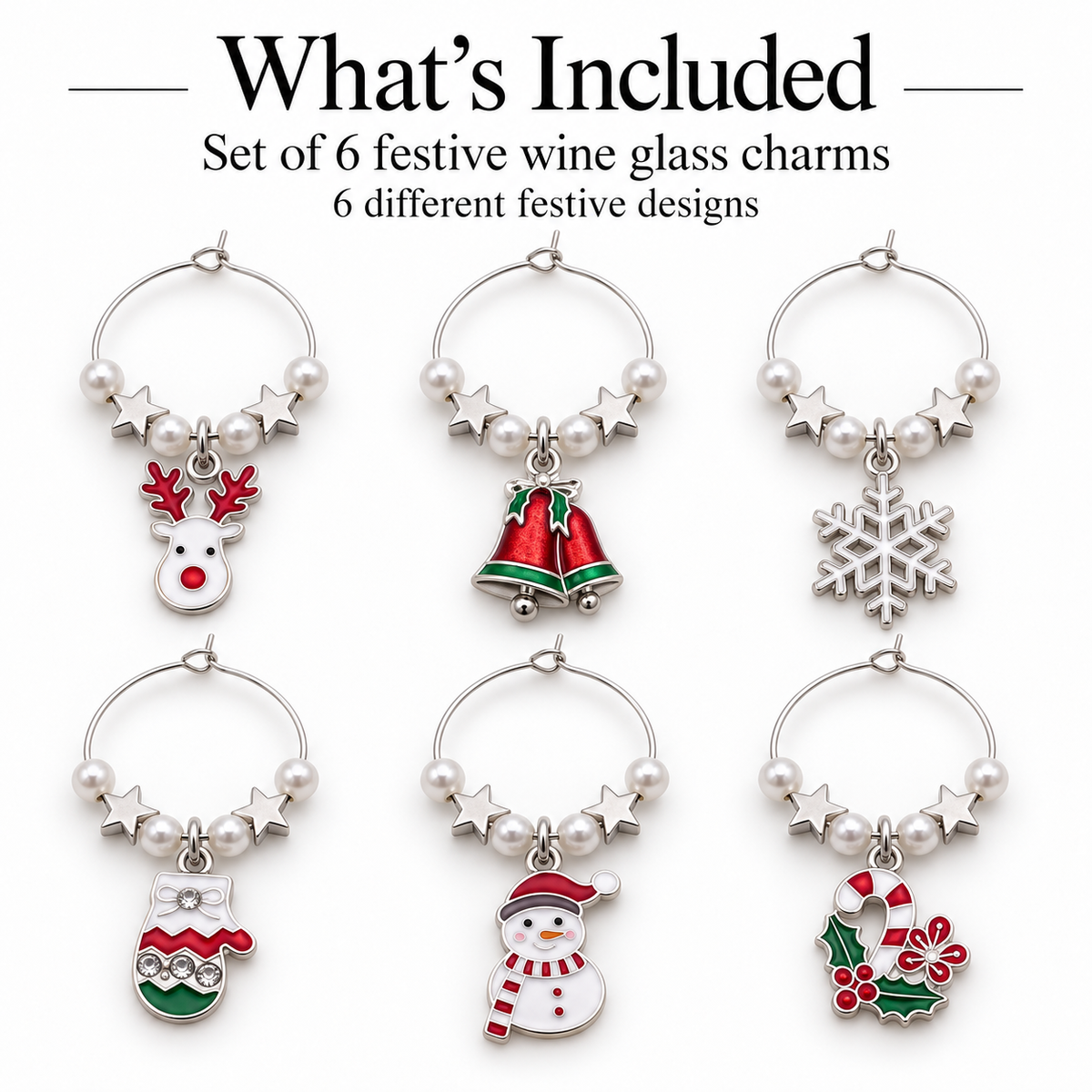 Six silver wine glass charms with pearl rings: reindeer, bell, snowflake, and more