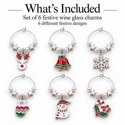 Six silver wine glass charms with pearl rings: reindeer, bell, snowflake, and more