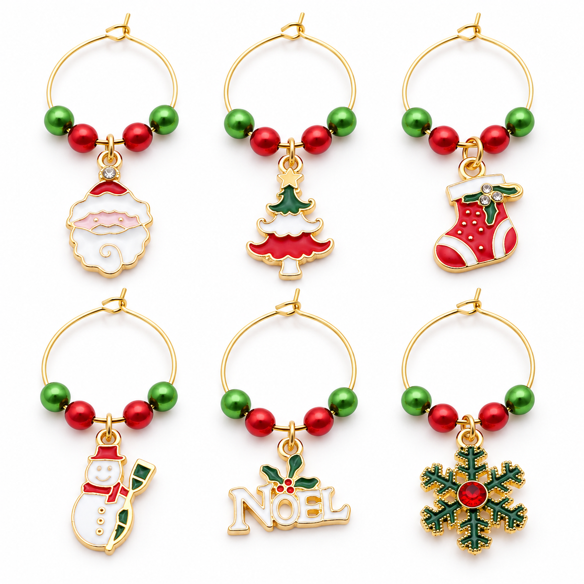 Set of 6 wine glass charms: bead rings with Noel sign, tree, stocking, snowman, ornament, snowflake